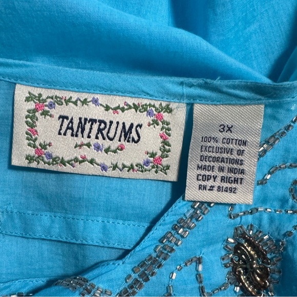 Tantrums Cotton Sky Blue Silver Beaded V- Neckline Long Sleeve Tunic Size 3X - Picture 10 of 11